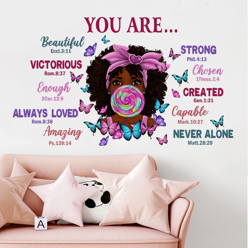 Mfault Black Girl Magic You are Beautiful Inspirational Wall Decals Stickers, Religious Quote Lollipop Butterfly Nursery Decoration African American Bedroom Art, Positive Afro Kid Teen Room Home Decor - Image 1